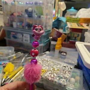 Pink Fuzzy Beaded Pen with Cheshire Cat